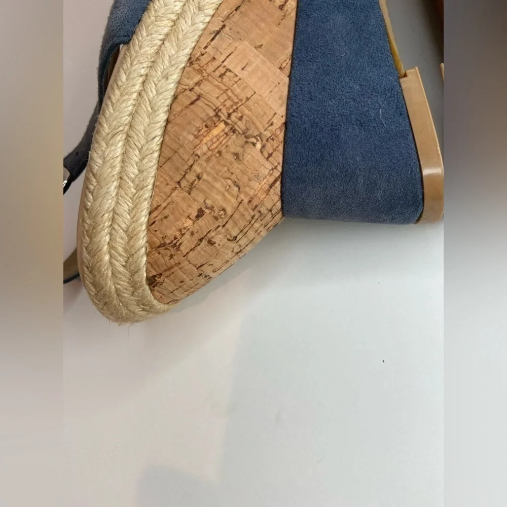 Audrey Brooke~Blue Faux Suede~Espadrille Cork Wedge~Peep Toe~Sandal~Size 8.5B